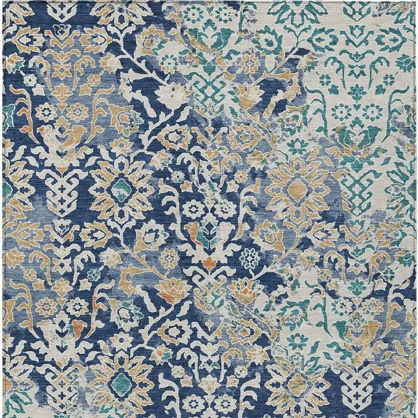 Navy Blue And Ivory Geometric Washable Indoor Outdoor Area Rug Photo 3