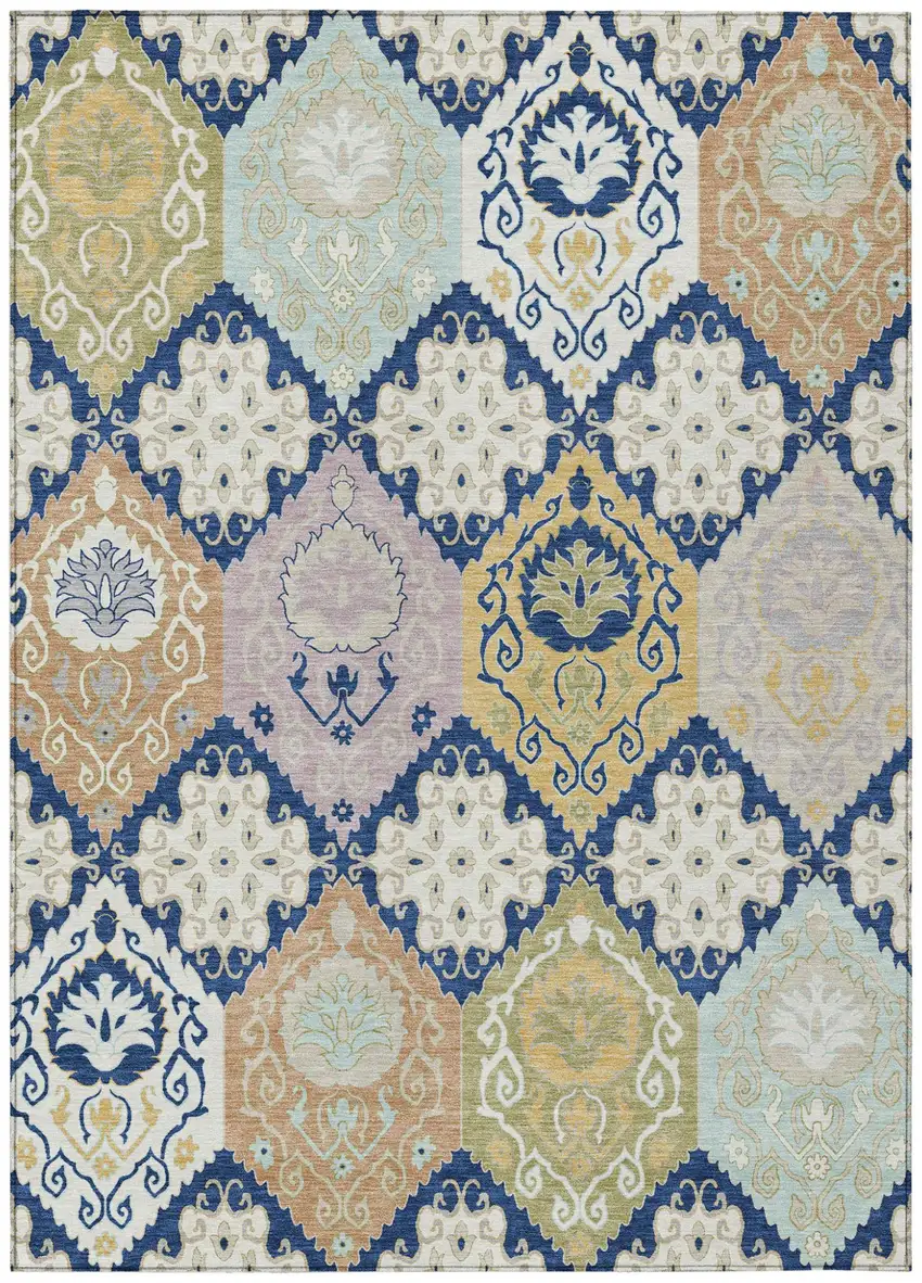 Navy Blue And Ivory Geometric Washable Indoor Outdoor Area Rug Photo 1