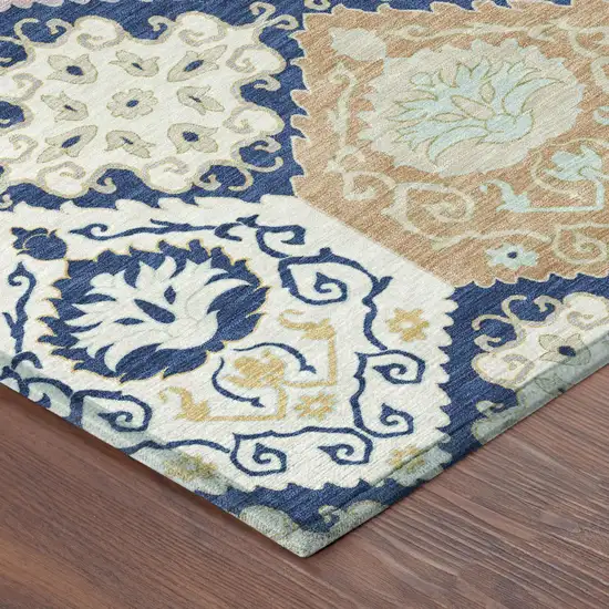 Navy Blue And Ivory Geometric Washable Indoor Outdoor Area Rug Photo 4
