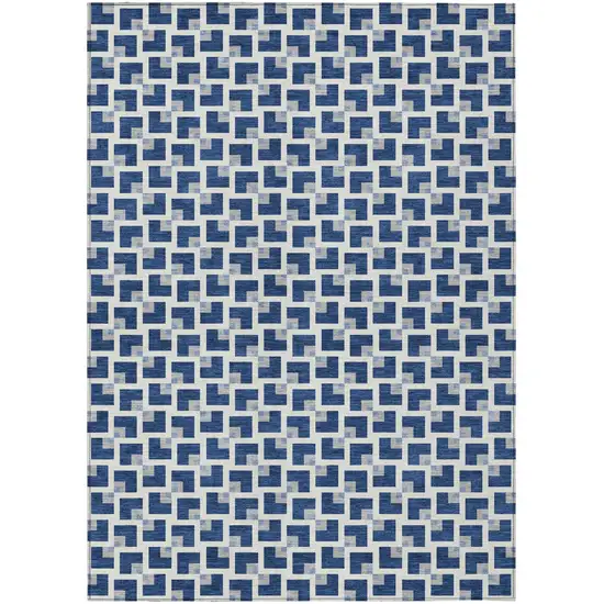 Navy Blue And Ivory Geometric Washable Indoor Outdoor Area Rug Photo 1