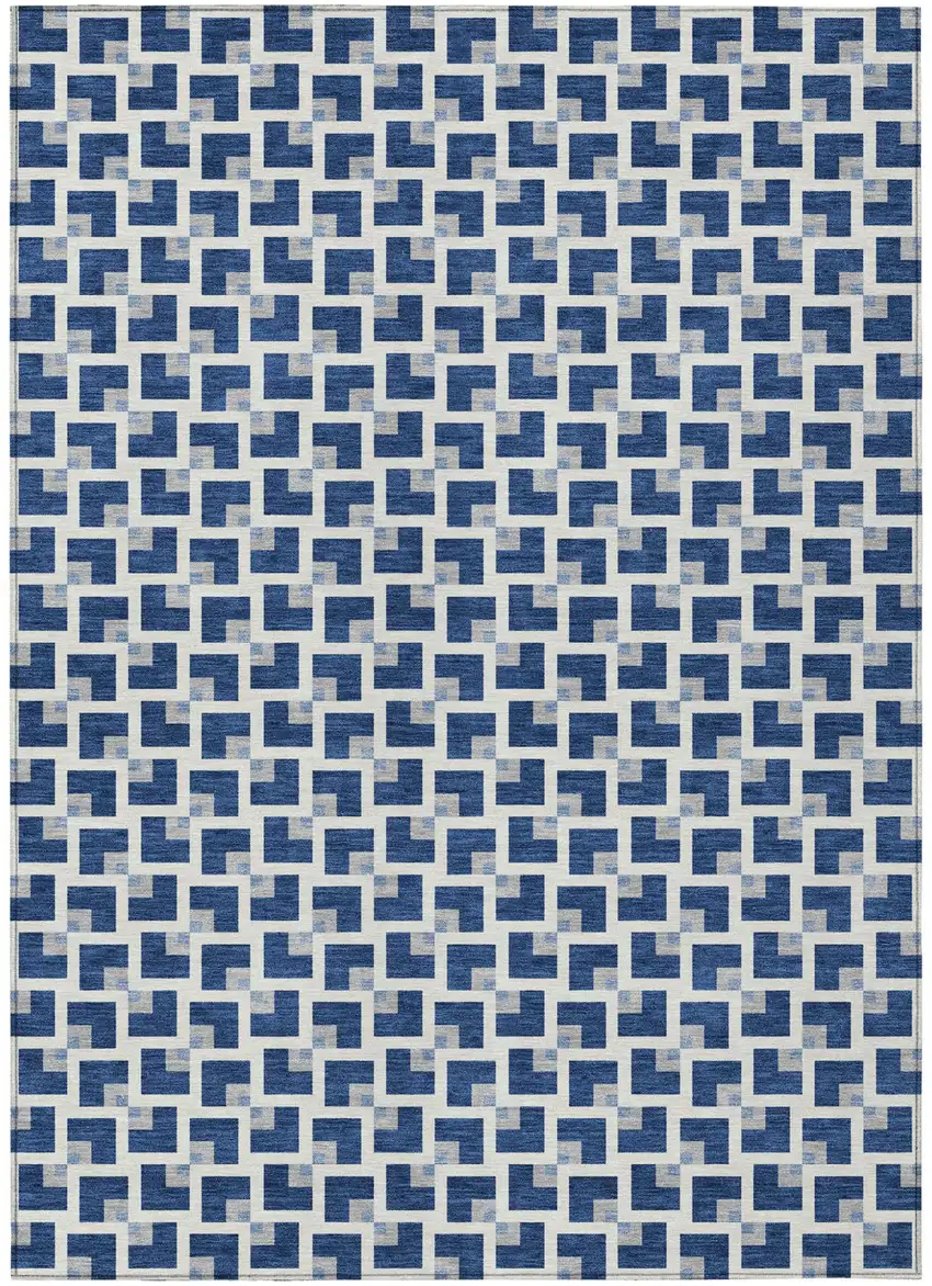 Navy Blue And Ivory Geometric Washable Indoor Outdoor Area Rug Photo 1