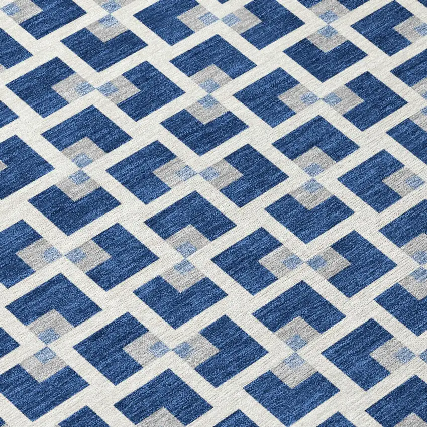 Navy Blue And Ivory Geometric Washable Indoor Outdoor Area Rug Photo 5