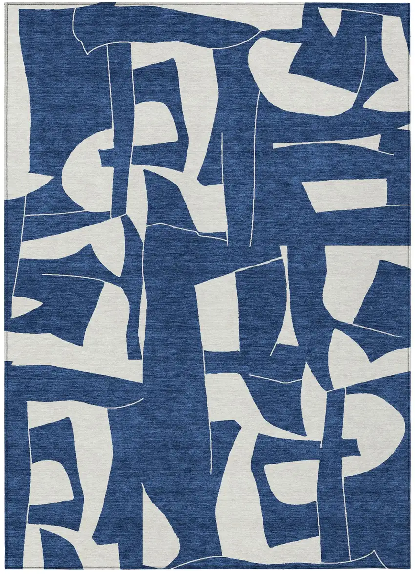 Navy Blue And Ivory Geometric Washable Indoor Outdoor Area Rug Photo 1