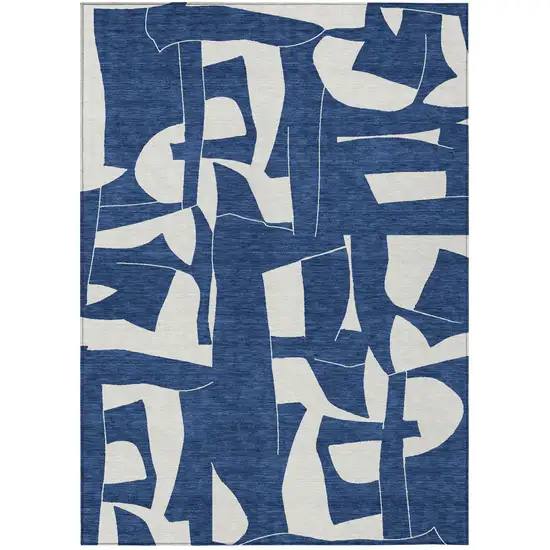 Navy Blue And Ivory Geometric Washable Indoor Outdoor Area Rug Photo 1