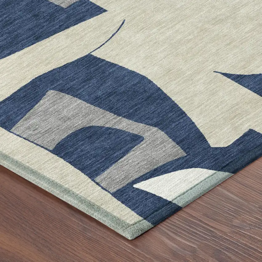 Navy Blue And Ivory Geometric Washable Indoor Outdoor Area Rug Photo 4