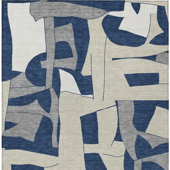 Navy Blue And Ivory Geometric Washable Indoor Outdoor Area Rug Photo 3