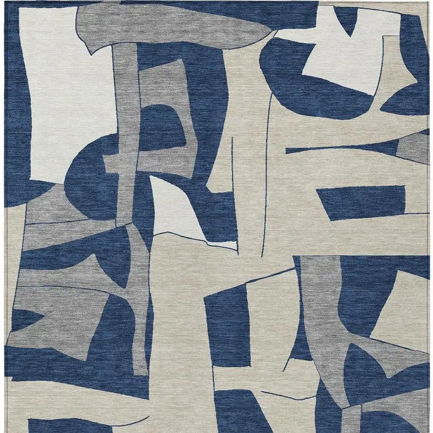 Navy Blue And Ivory Geometric Washable Indoor Outdoor Area Rug Photo 3