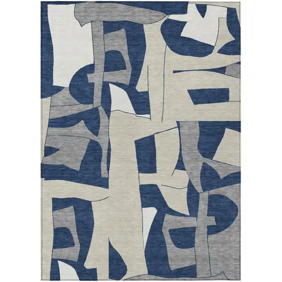 Navy Blue And Ivory Geometric Washable Indoor Outdoor Area Rug Photo 1