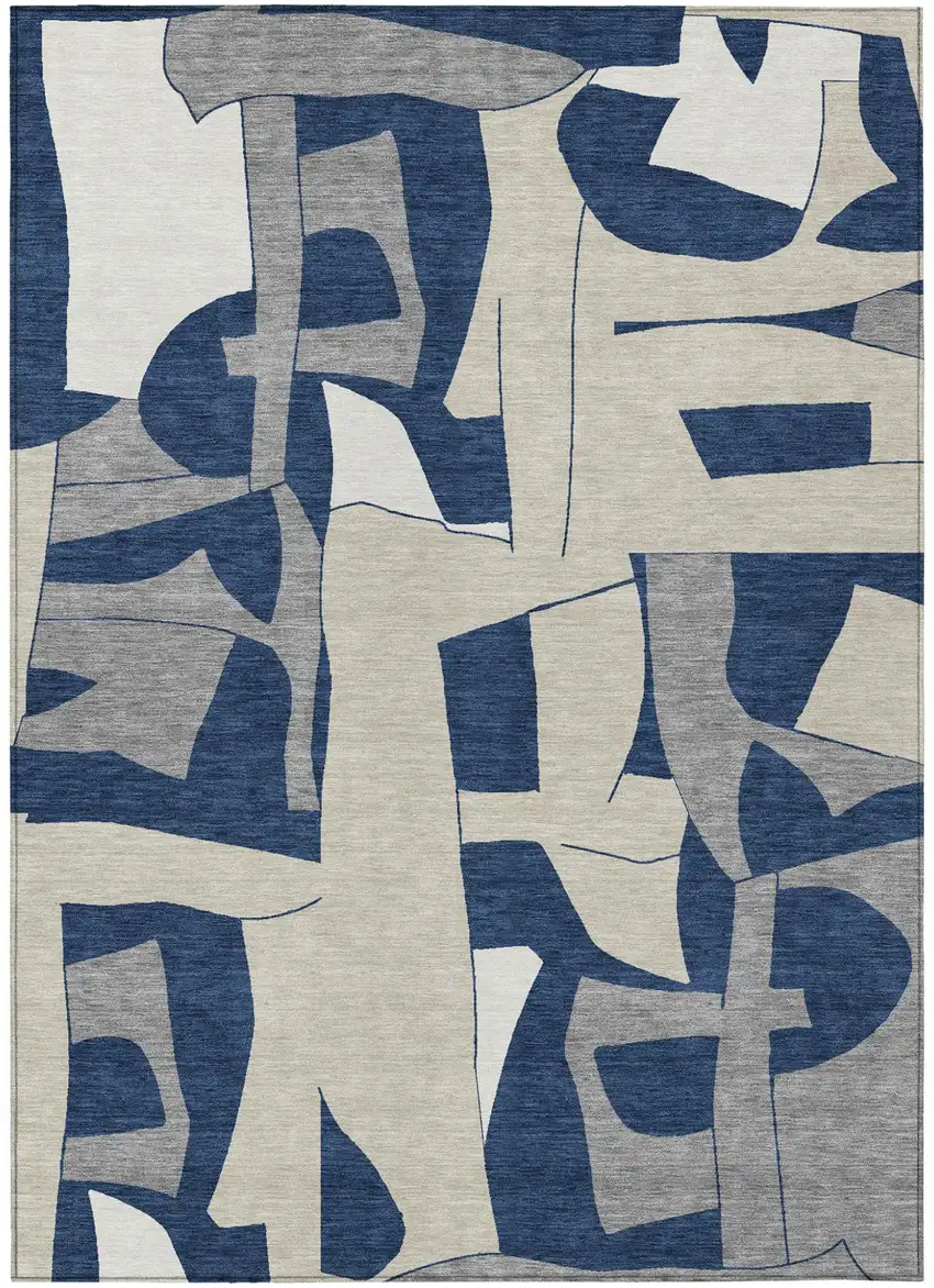 Navy Blue And Ivory Geometric Washable Indoor Outdoor Area Rug Photo 1