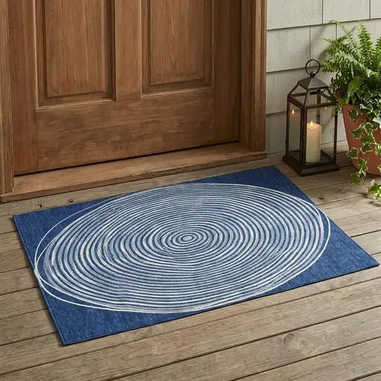Navy Blue And Ivory Geometric Washable Indoor Outdoor Area Rug Photo 1