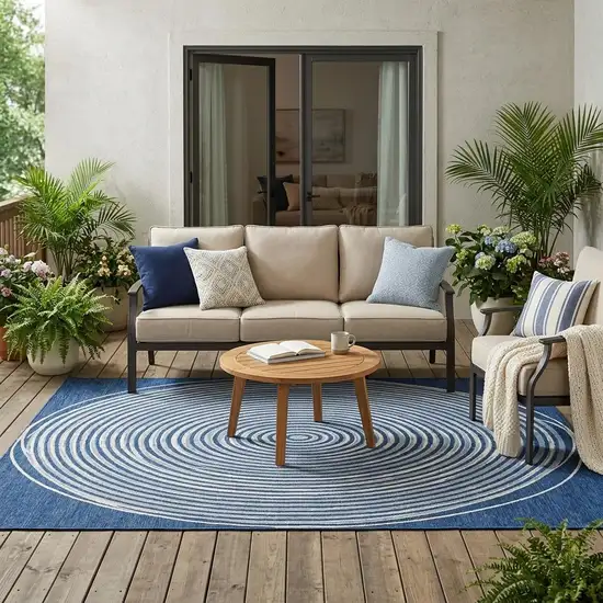 Navy Blue And Ivory Geometric Washable Indoor Outdoor Area Rug Photo 1