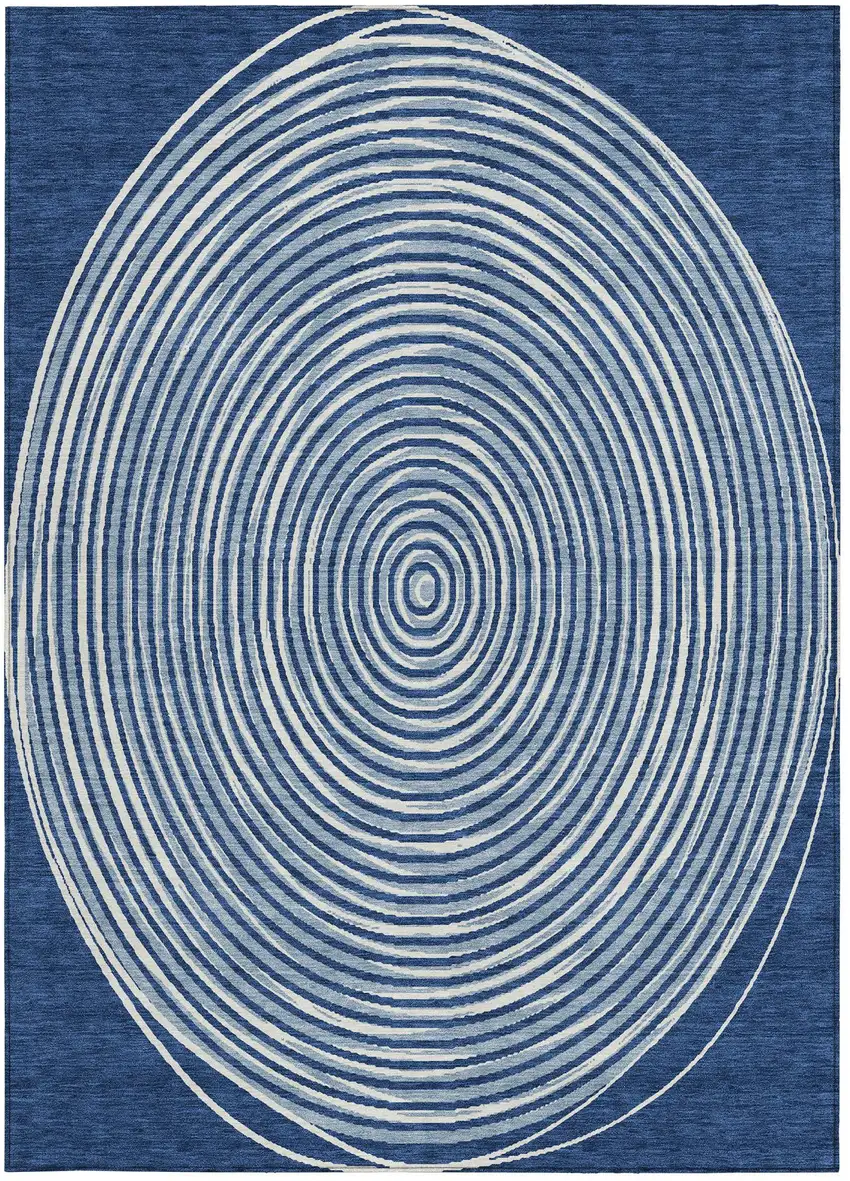 Navy Blue And Ivory Geometric Washable Indoor Outdoor Area Rug Photo 4