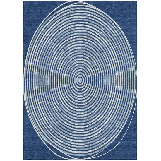 Navy Blue And Ivory Geometric Washable Indoor Outdoor Area Rug Photo 4