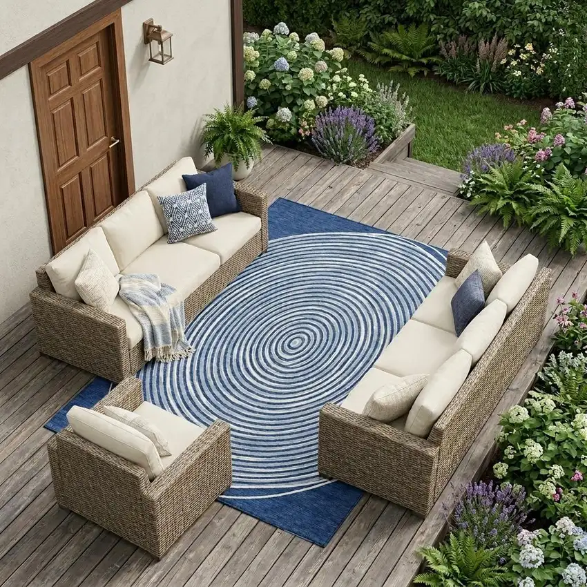 Navy Blue And Ivory Geometric Washable Indoor Outdoor Area Rug Photo 1