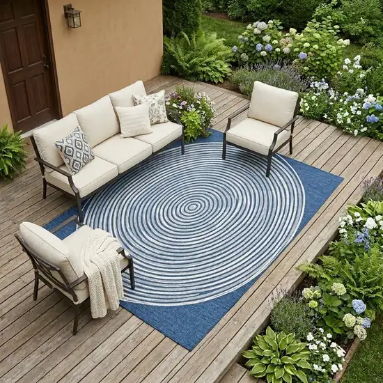 Navy Blue And Ivory Geometric Washable Indoor Outdoor Area Rug Photo 1