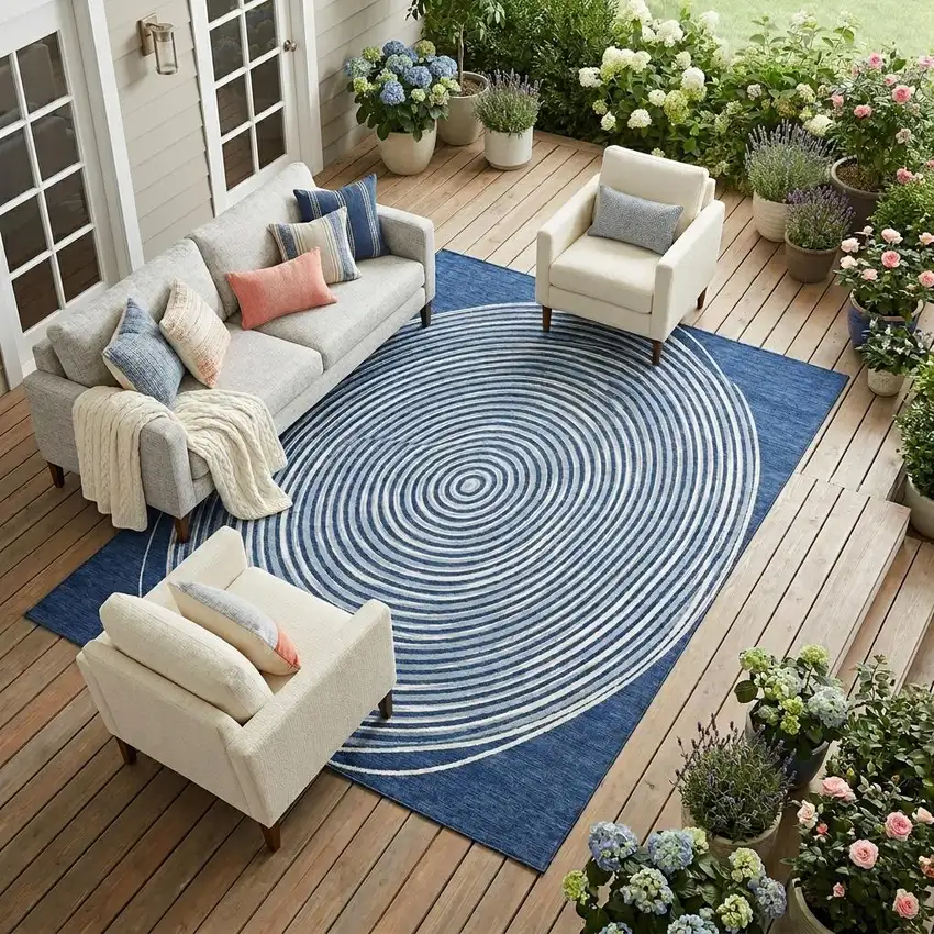 Navy Blue And Ivory Geometric Washable Indoor Outdoor Area Rug Photo 1
