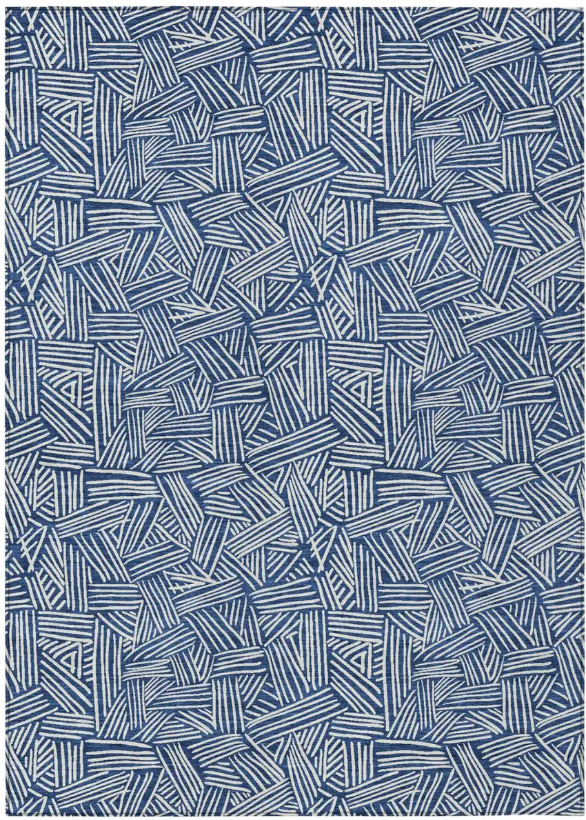 Navy Blue And Ivory Geometric Washable Indoor Outdoor Area Rug Photo 2