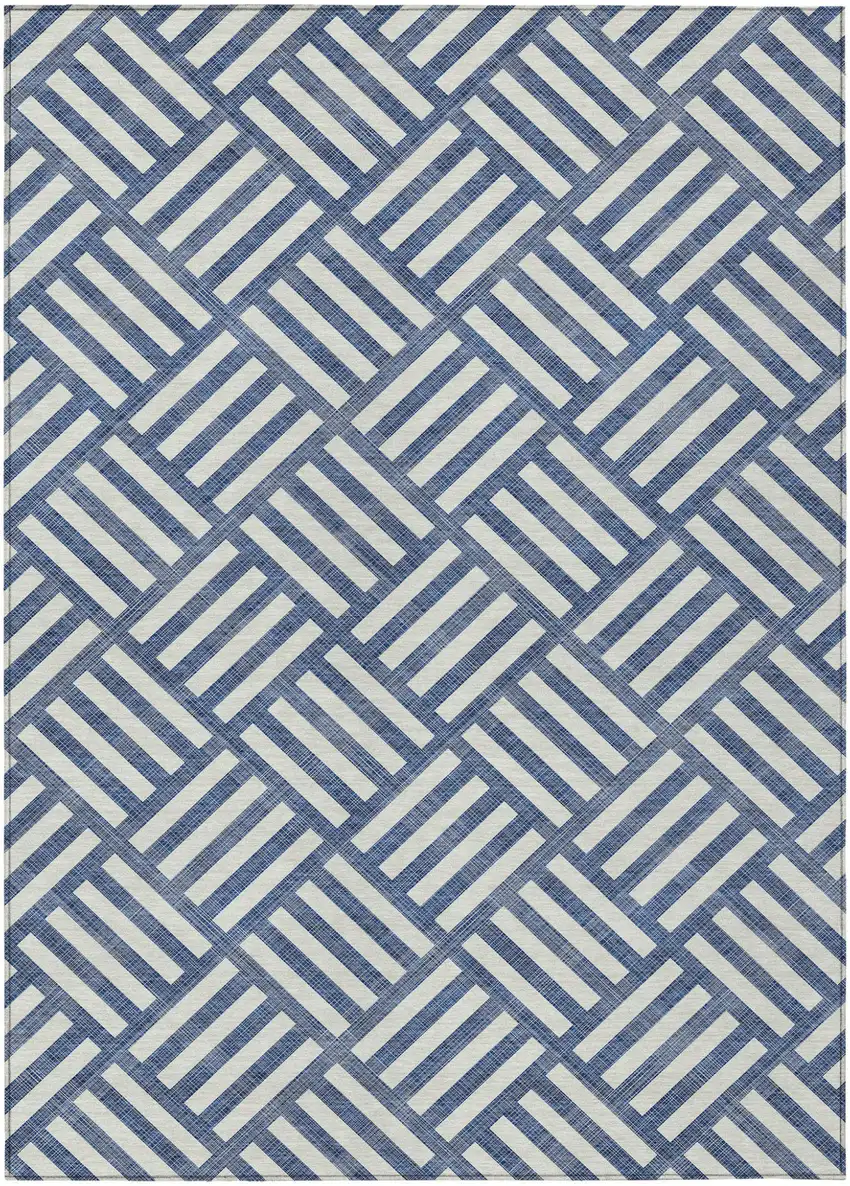 Navy Blue And Ivory Geometric Washable Indoor Outdoor Area Rug Photo 2