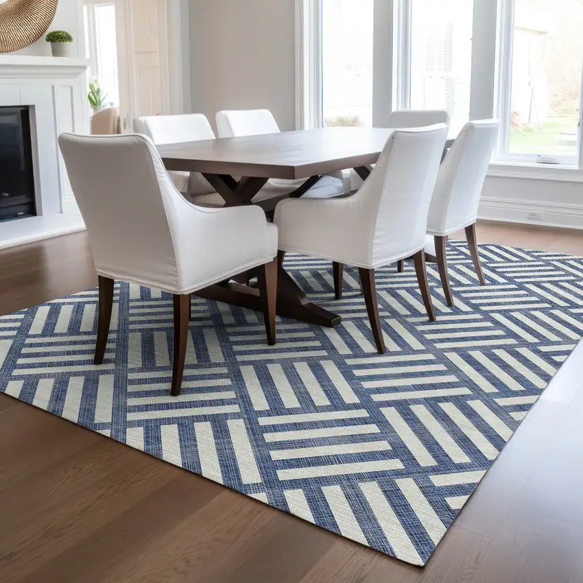 Navy Blue And Ivory Geometric Washable Indoor Outdoor Area Rug Photo 8