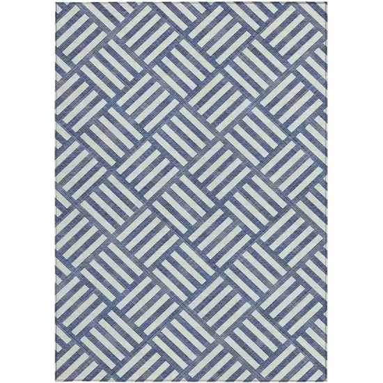 Navy Blue And Ivory Geometric Washable Indoor Outdoor Area Rug Photo 6