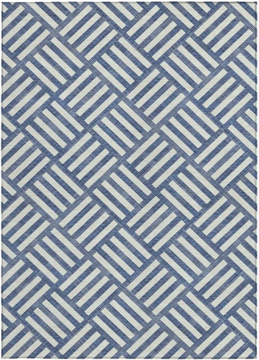 Navy Blue And Ivory Geometric Washable Indoor Outdoor Area Rug Photo 6