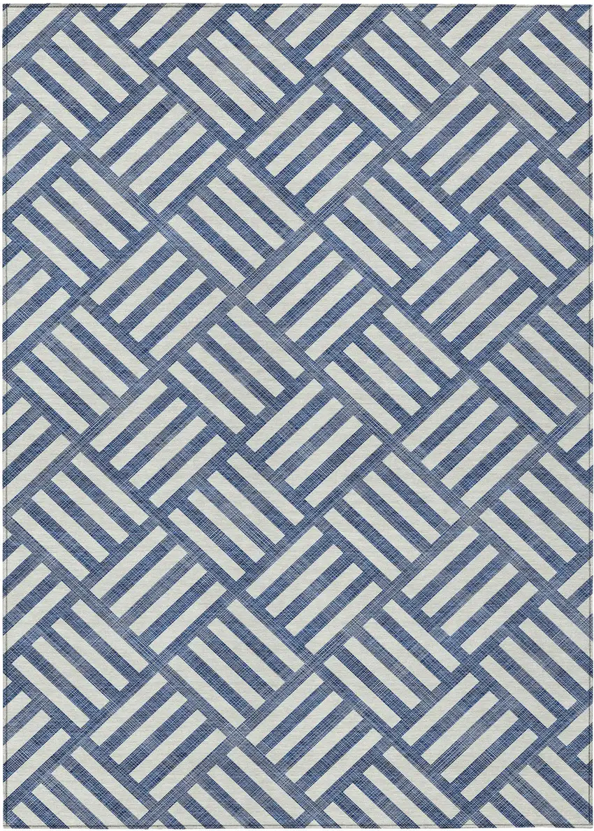 Navy Blue And Ivory Geometric Washable Indoor Outdoor Area Rug Photo 2