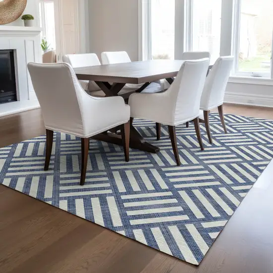 Navy Blue And Ivory Geometric Washable Indoor Outdoor Area Rug Photo 8