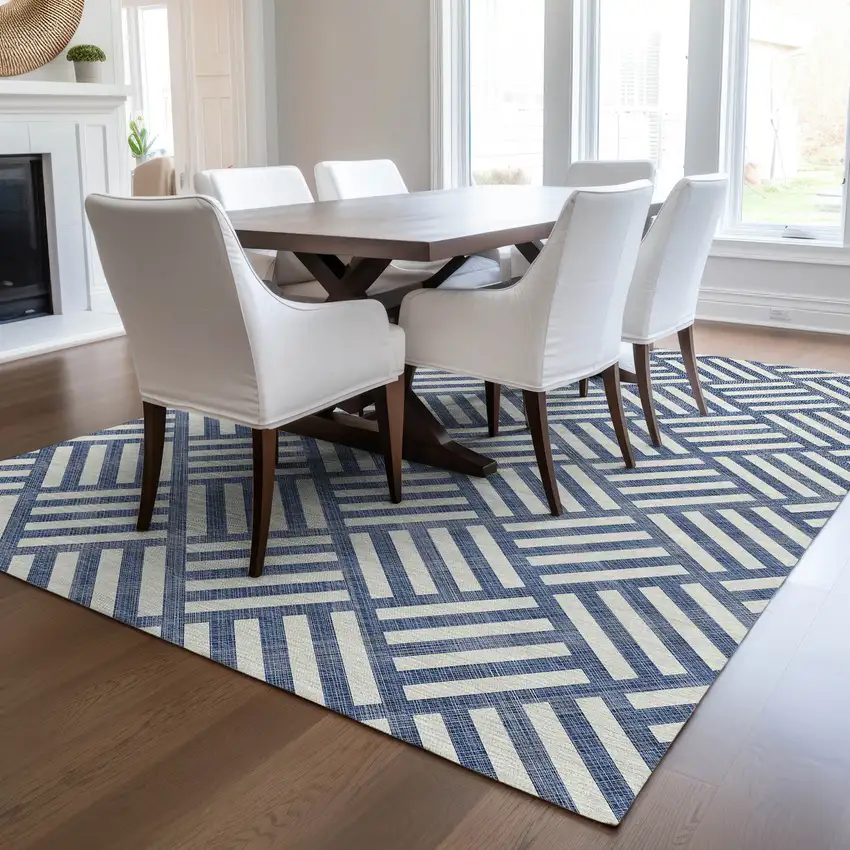 Navy Blue And Ivory Geometric Washable Indoor Outdoor Area Rug Photo 8