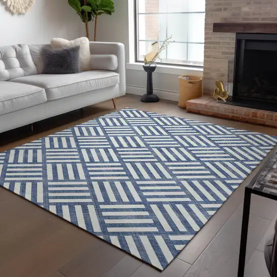 Navy Blue And Ivory Geometric Washable Indoor Outdoor Area Rug Photo 9