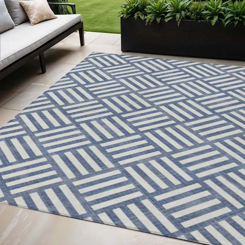 Navy Blue And Ivory Geometric Washable Indoor Outdoor Area Rug Photo 1