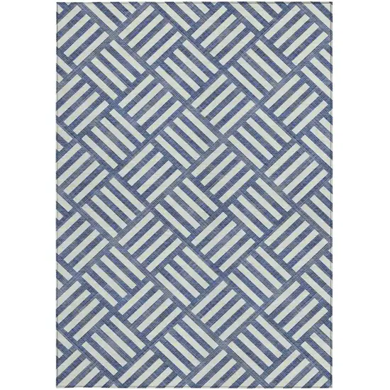 Navy Blue And Ivory Geometric Washable Indoor Outdoor Area Rug Photo 6