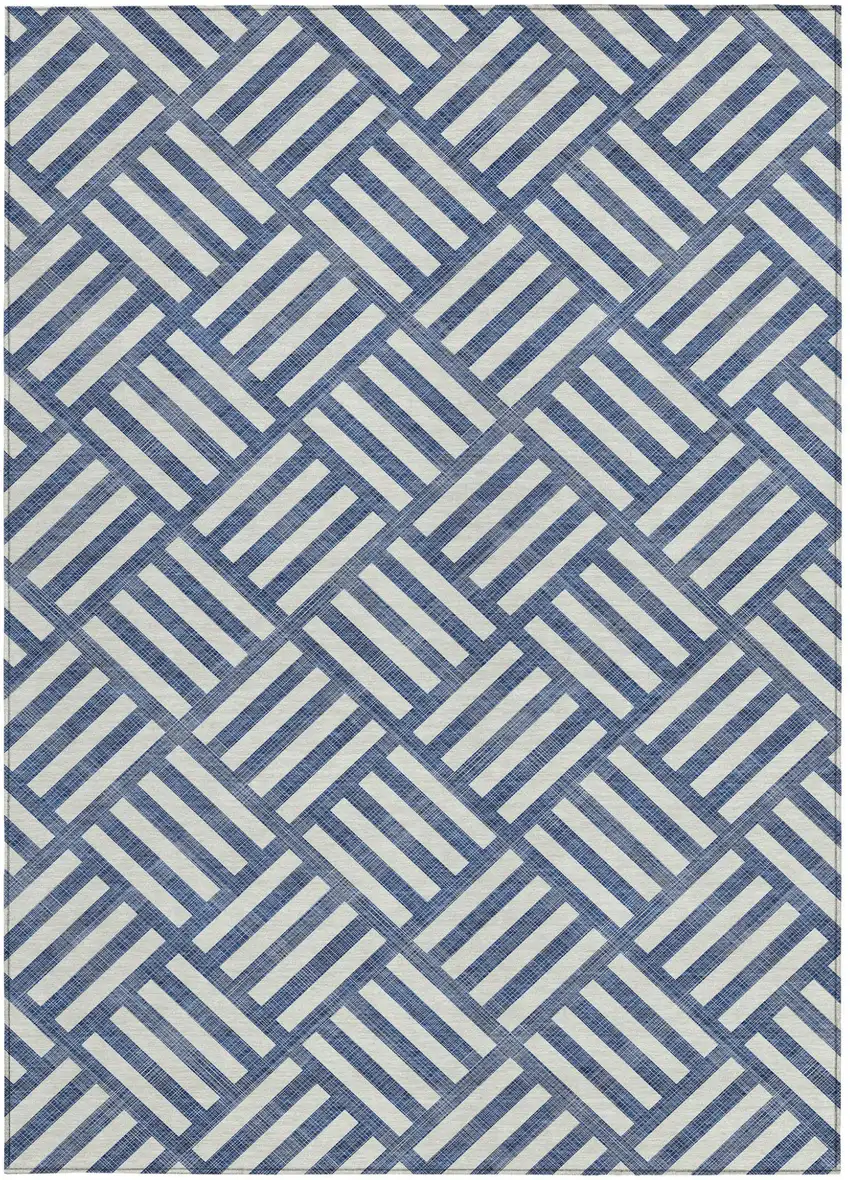 Navy Blue And Ivory Geometric Washable Indoor Outdoor Area Rug Photo 6
