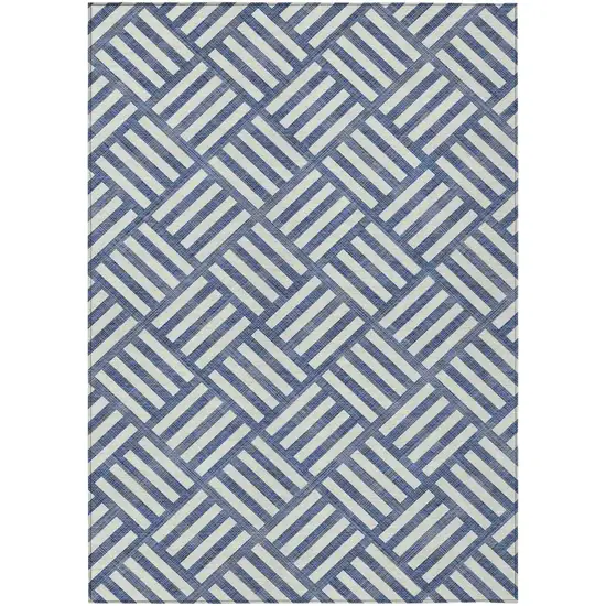 Navy Blue And Ivory Geometric Washable Indoor Outdoor Area Rug Photo 2