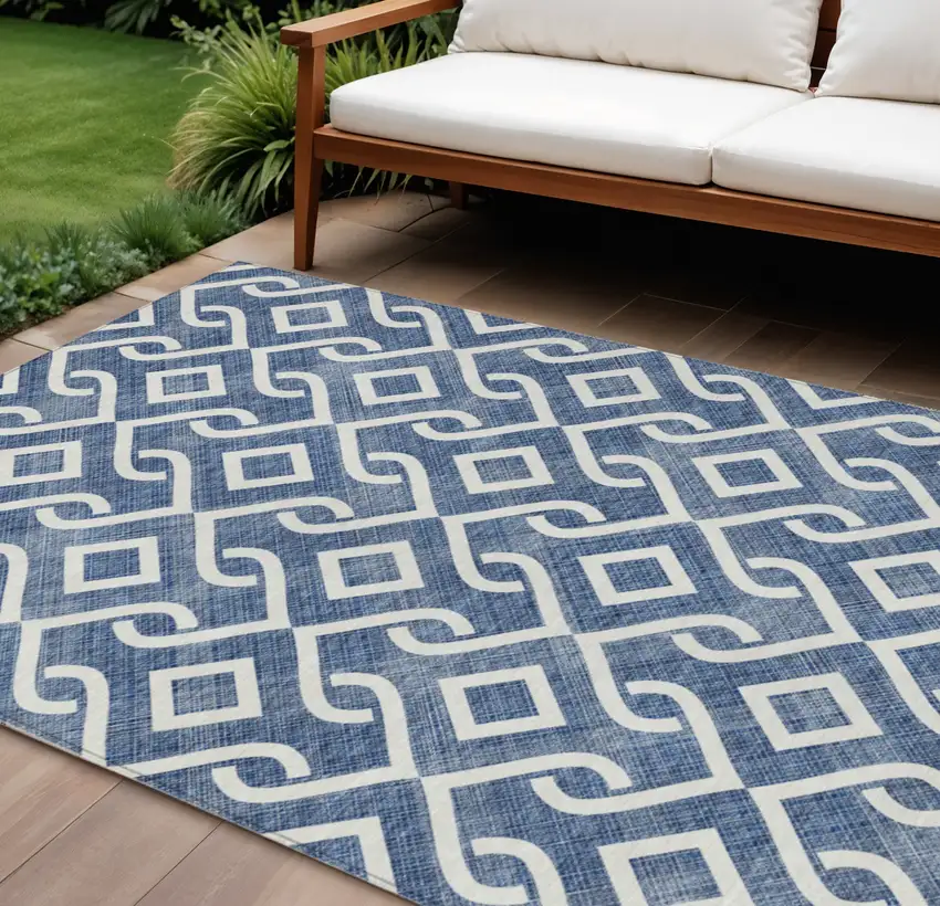 Navy Blue And Ivory Geometric Washable Indoor Outdoor Area Rug Photo 1