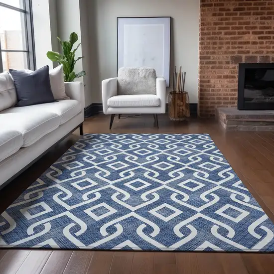 Navy Blue And Ivory Geometric Washable Indoor Outdoor Area Rug Photo 7