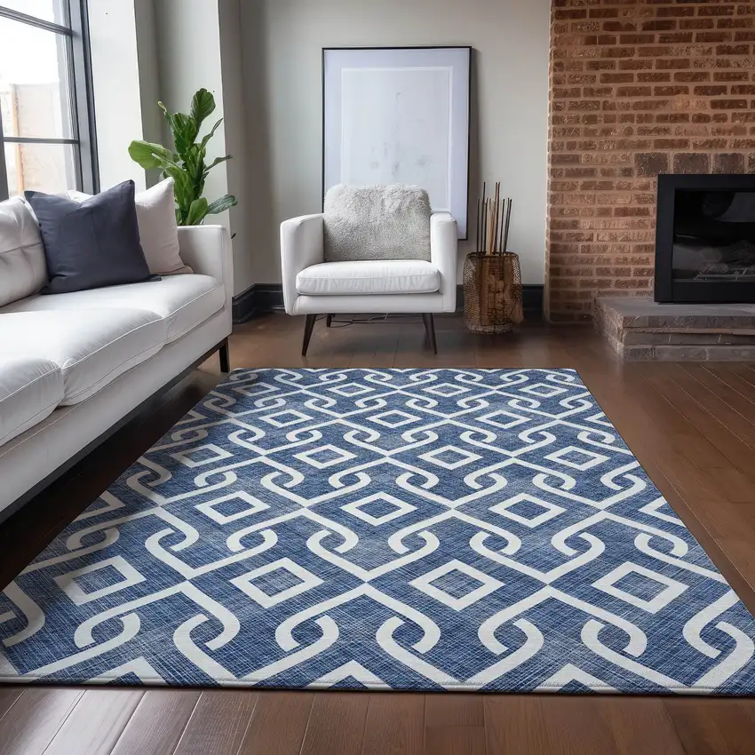 Navy Blue And Ivory Geometric Washable Indoor Outdoor Area Rug Photo 7