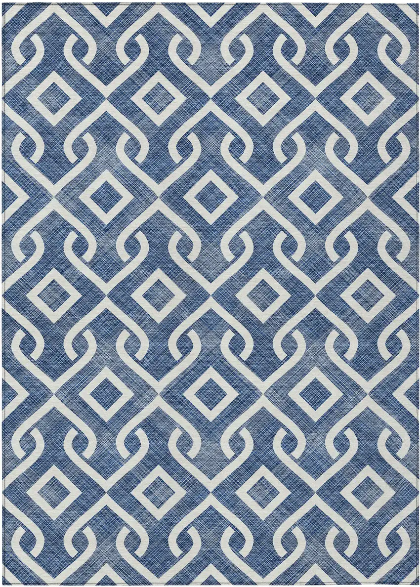 Navy Blue And Ivory Geometric Washable Indoor Outdoor Area Rug Photo 2