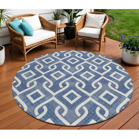Navy Blue And Ivory Geometric Washable Indoor Outdoor Area Rug Photo 1