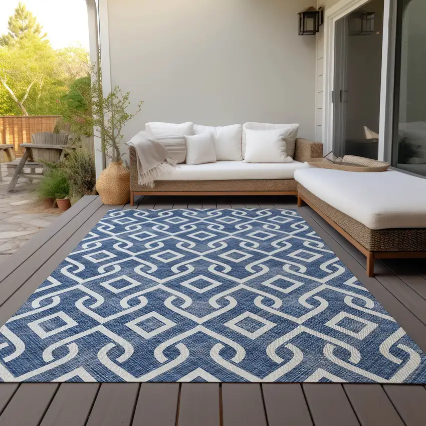 Navy Blue And Ivory Geometric Washable Indoor Outdoor Area Rug Photo 6