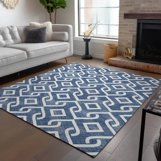 Navy Blue And Ivory Geometric Washable Indoor Outdoor Area Rug Photo 8