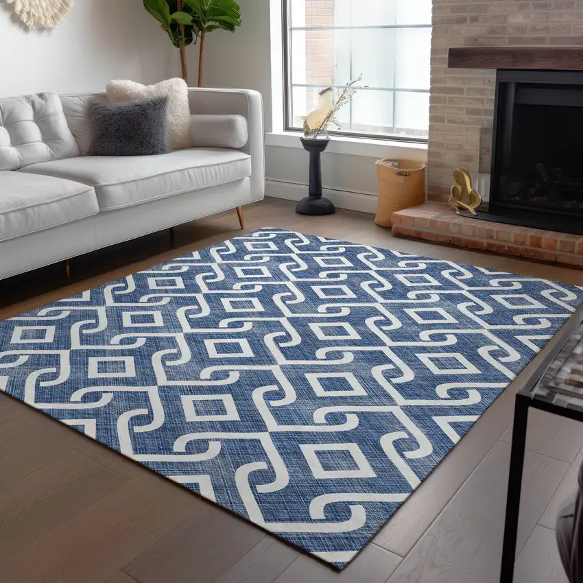 Navy Blue And Ivory Geometric Washable Indoor Outdoor Area Rug Photo 8