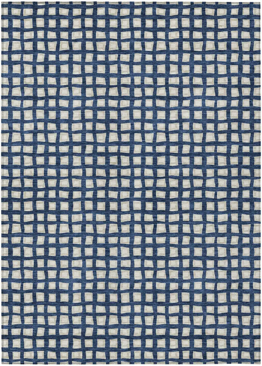 Navy Blue And Ivory Geometric Washable Indoor Outdoor Area Rug Photo 1
