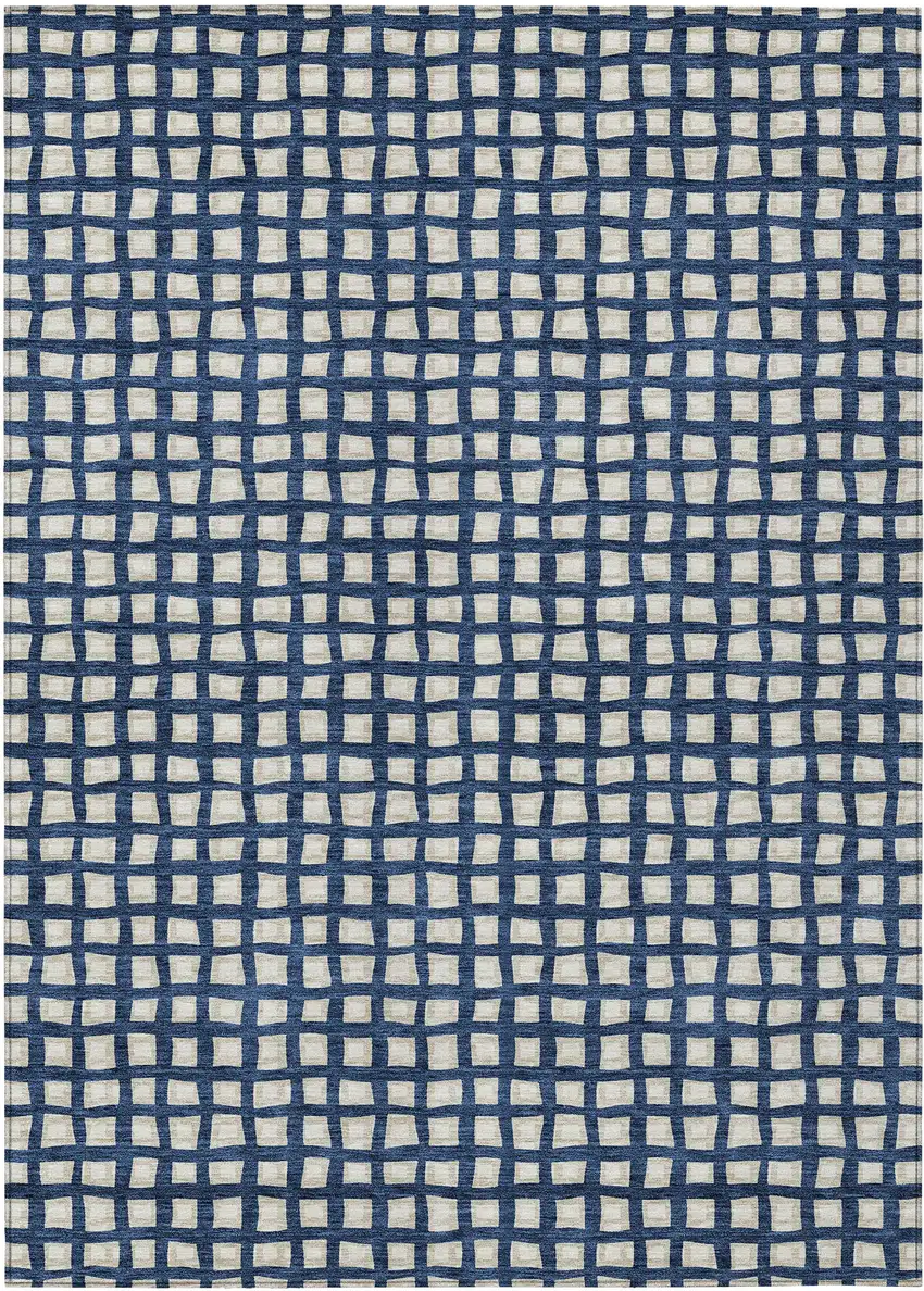 Navy Blue And Ivory Geometric Washable Indoor Outdoor Area Rug Photo 1
