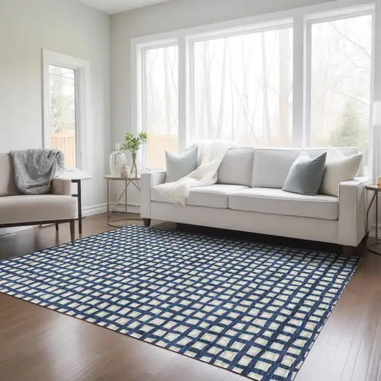 Navy Blue And Ivory Geometric Washable Indoor Outdoor Area Rug Photo 9