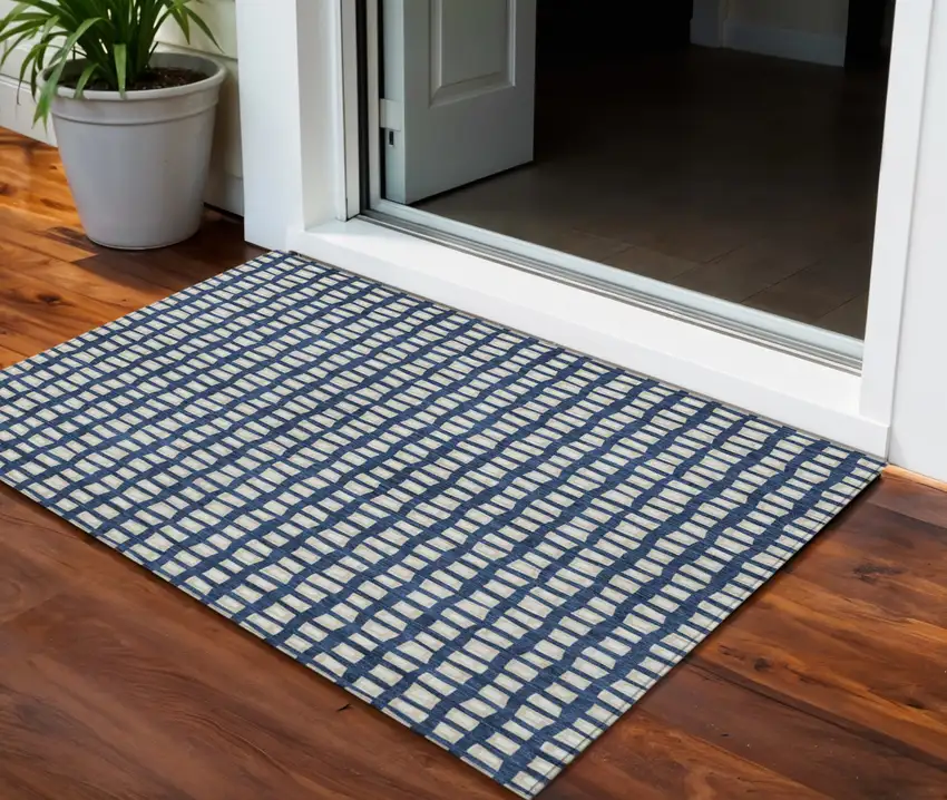 Navy Blue And Ivory Geometric Washable Indoor Outdoor Area Rug Photo 1