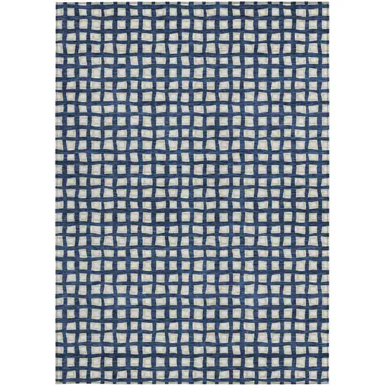 Navy Blue And Ivory Geometric Washable Indoor Outdoor Area Rug Photo 6