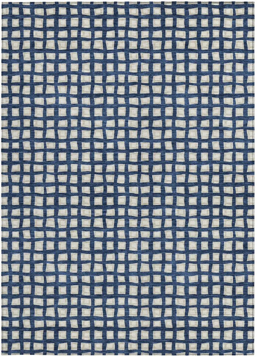 Navy Blue And Ivory Geometric Washable Indoor Outdoor Area Rug Photo 6