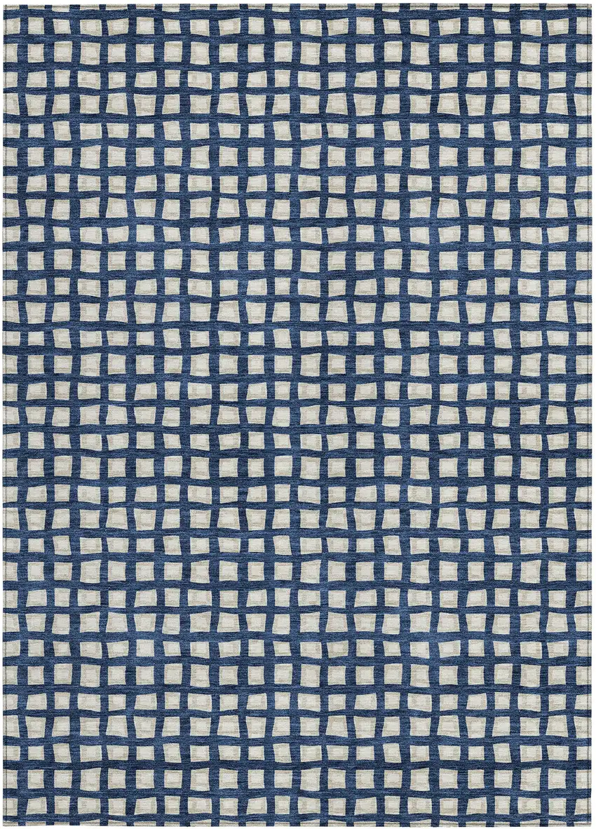 Navy Blue And Ivory Geometric Washable Indoor Outdoor Area Rug Photo 6