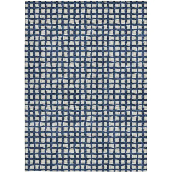 Navy Blue And Ivory Geometric Washable Indoor Outdoor Area Rug Photo 6