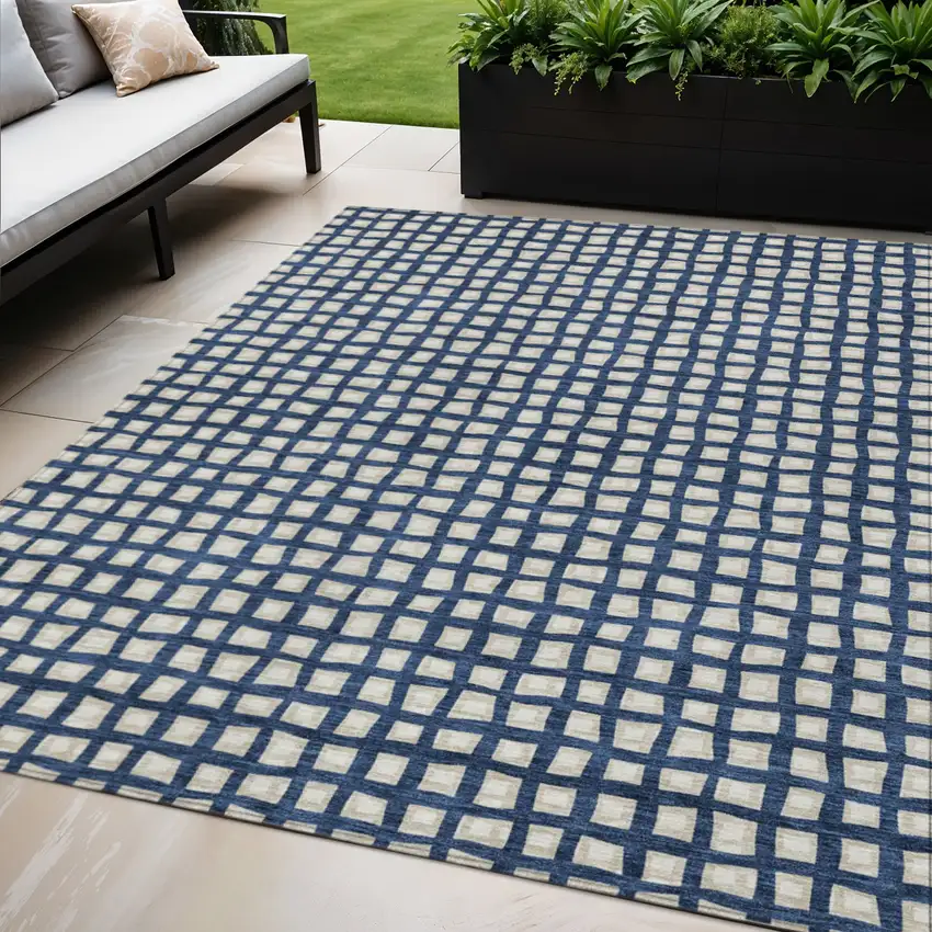 Navy Blue And Ivory Geometric Washable Indoor Outdoor Area Rug Photo 1